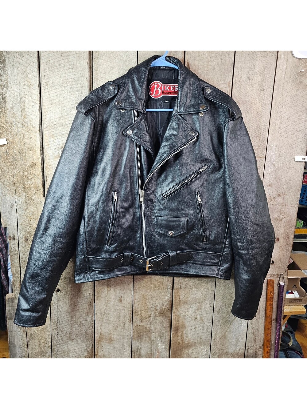 Biker Essentials Men's Black Leather Motorcycle Jacket Size 44 Asymmetrical Zip